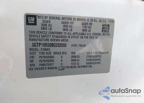 2011 GMC Sierra 1500 Sle z USA, uszkodzony, nr VIN 3GTP1VE00BG202692